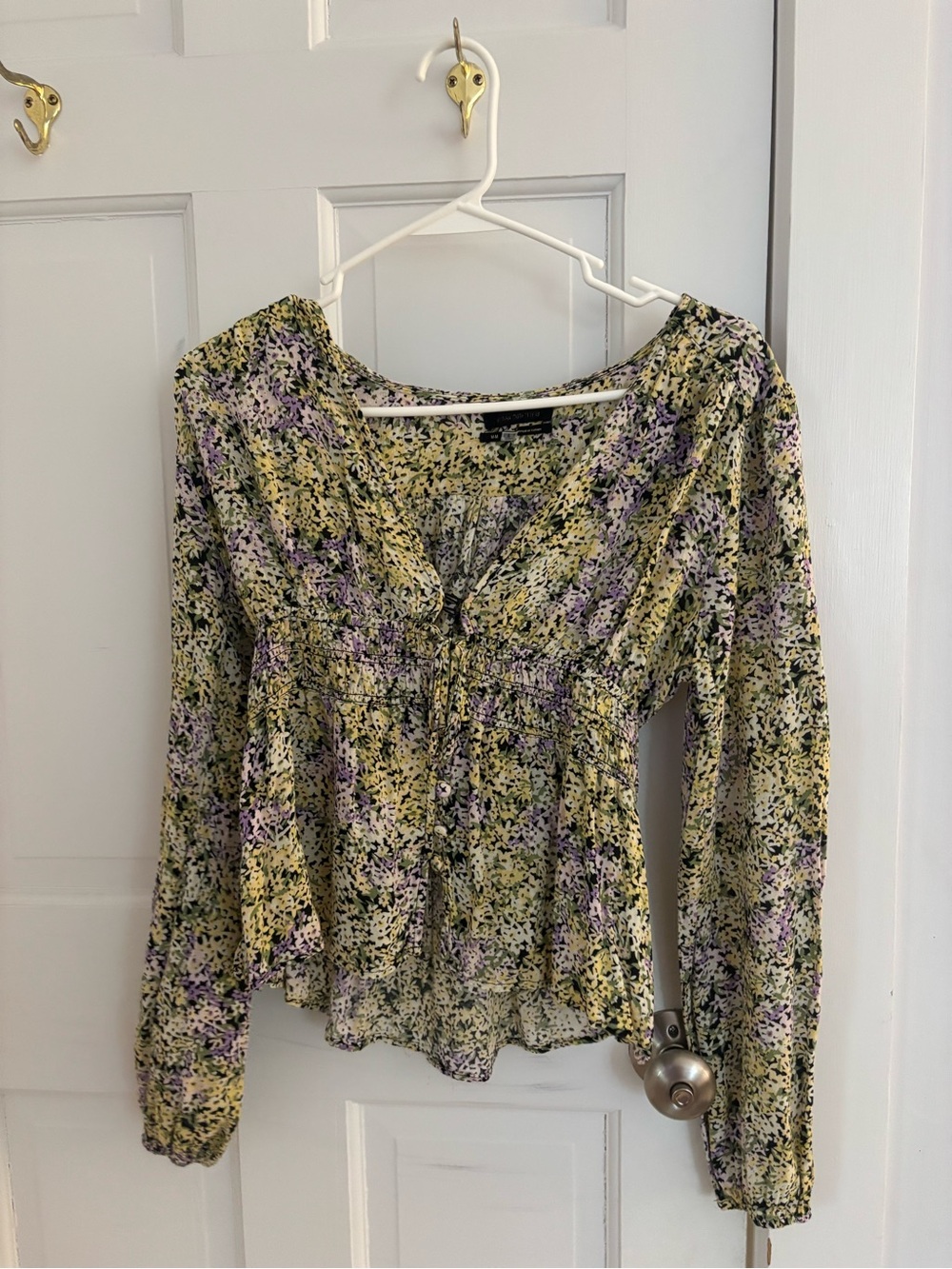 Urban Outfitters Yellow & Lavender Floral V-Neck Peasant Blouse